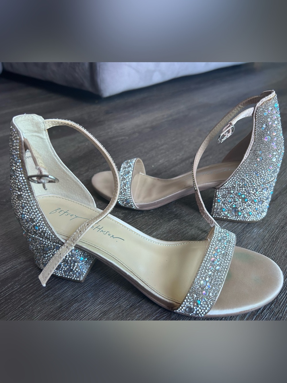 Betsey Johnson Nude Crystal Block Heel Sandals